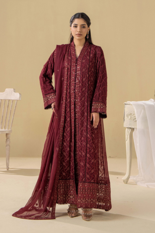 Adan's Libas | Chiffon Gown vol-5 Stitched "Maroon" Formal Festive Wear | D3-3pc