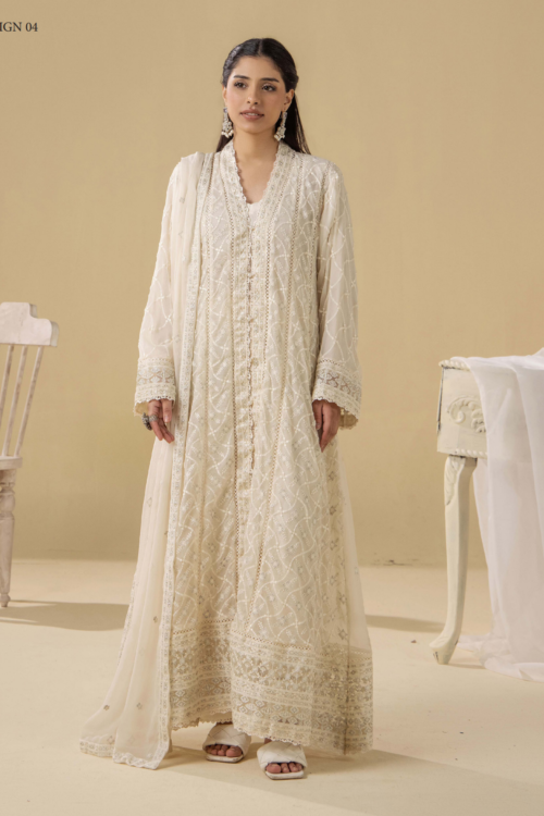 Adan's Libas | Chiffon Gown vol-5 Stitched "Off-white" Formal Festive Wear | D4-3pc