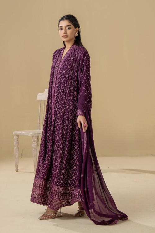 Adan's Libas | Chiffon Gown vol-5 Stitched "Purple" Formal Festive Wear | D5-3pc