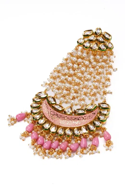 Pink Meenakari Kundan Pearl Passa & Maang Tikka for Bridal Wear