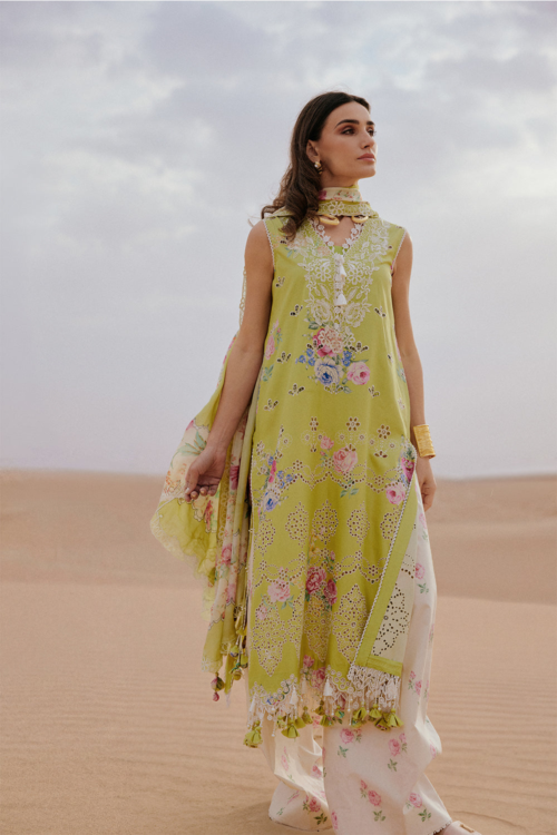 Saira Rizwan | Luxury Lawn 26 NAVA Unstitched "Lime Green" Festive Wear-3pc-D8