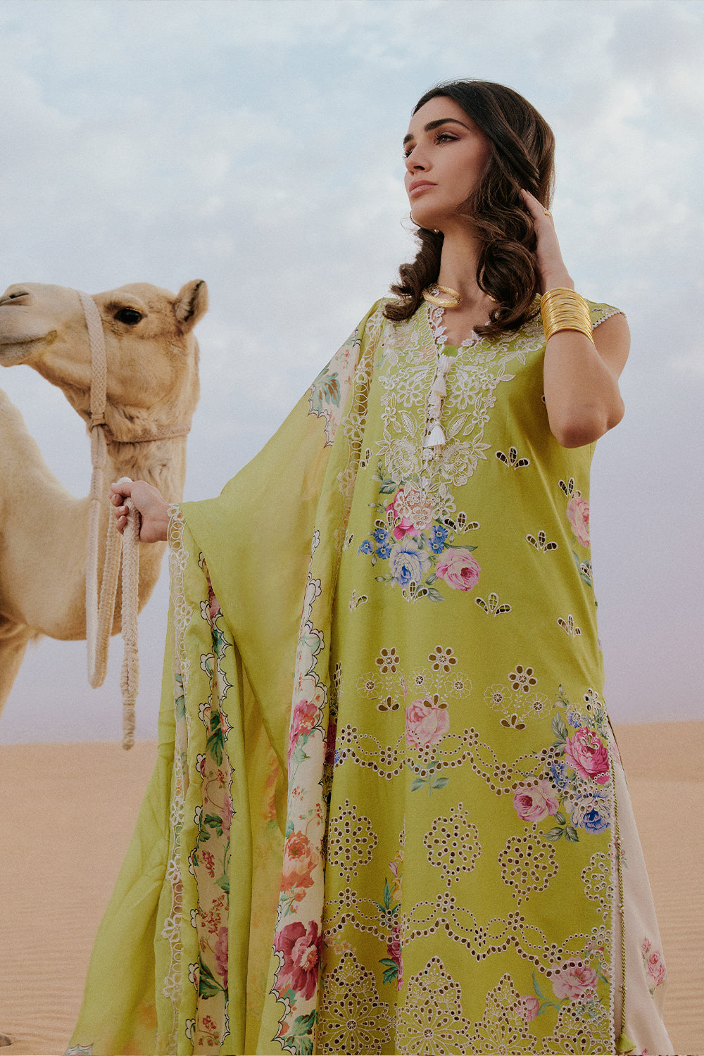 Saira Rizwan | Luxury Lawn 26 NAVA Unstitched "Lime Green" Festive Wear-3pc-D8 - Image 2