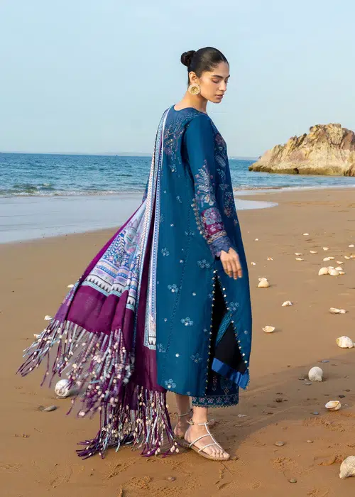 Sadaf Fawad Khan | Siraa Lawn 26 Unstitched Lawn Formal Festive Wear "Blue" D01 | 3Pcs. - Image 4