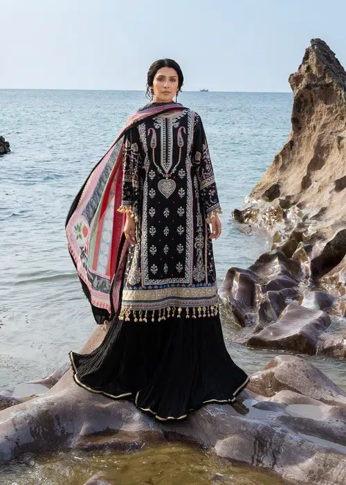 Sadaf Fawad Khan | Siraa Lawn 26 Unstitched Lawn Formal Festive Wear "Black" D02 | 3Pcs.