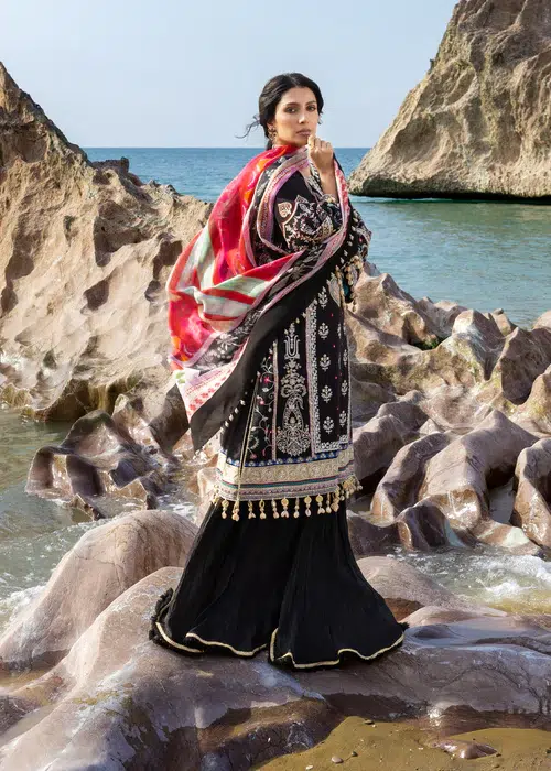 Sadaf Fawad Khan | Siraa Lawn 26 Unstitched Lawn Formal Festive Wear "Black" D02 | 3Pcs. - Image 2