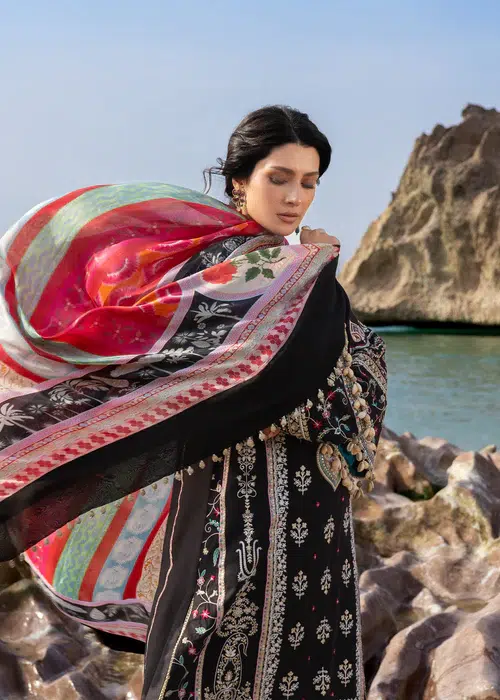 Sadaf Fawad Khan | Siraa Lawn 26 Unstitched Lawn Formal Festive Wear "Black" D02 | 3Pcs. - Image 3