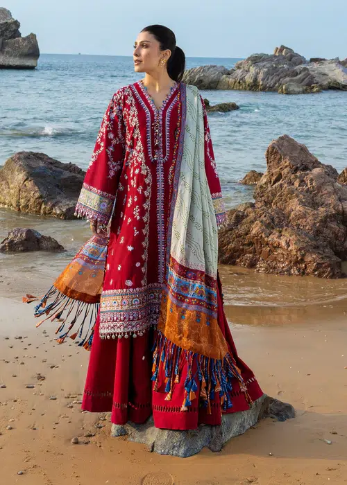Sadaf Fawad Khan | Siraa Lawn 26 Unstitched Lawn Formal Festive Wear "Red" D03 | 3Pcs.