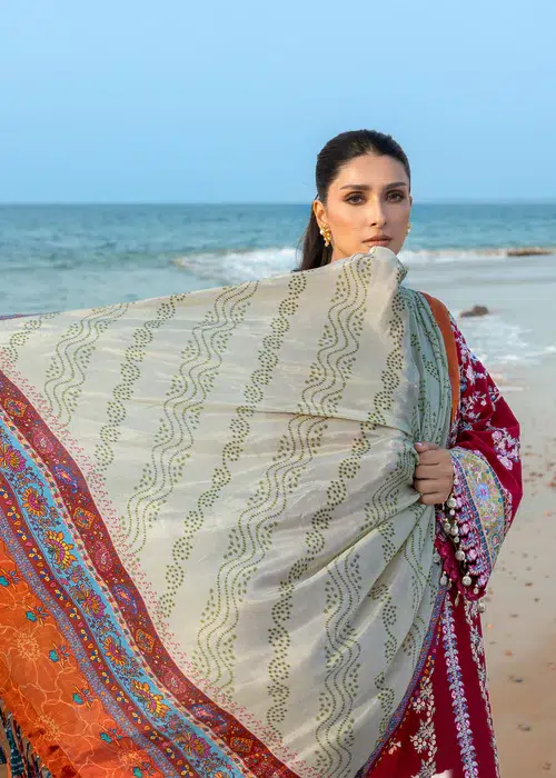 Sadaf Fawad Khan | Siraa Lawn 26 Unstitched Lawn Formal Festive Wear "Red" D03 | 3Pcs. - Image 2