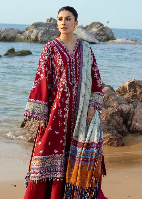 Sadaf Fawad Khan | Siraa Lawn 26 Unstitched Lawn Formal Festive Wear "Red" D03 | 3Pcs. - Image 3