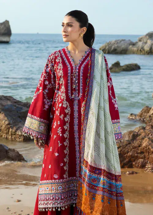 Sadaf Fawad Khan | Siraa Lawn 26 Unstitched Lawn Formal Festive Wear "Red" D03 | 3Pcs. - Image 4