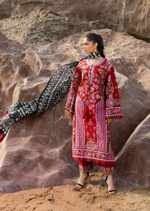 Sadaf Fawad Khan | Siraa Lawn 26 Unstitched Lawn Formal Festive Wear "Red" D04 | 3Pcs. - Image 2