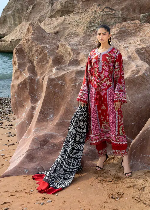 Sadaf Fawad Khan | Siraa Lawn 26 Unstitched Lawn Formal Festive Wear "Red" D04 | 3Pcs. - Image 3
