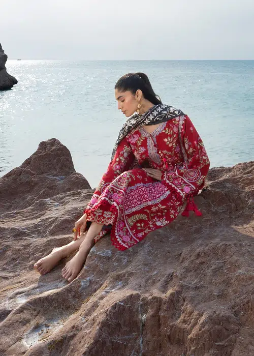 Sadaf Fawad Khan | Siraa Lawn 26 Unstitched Lawn Formal Festive Wear "Red" D04 | 3Pcs. - Image 4