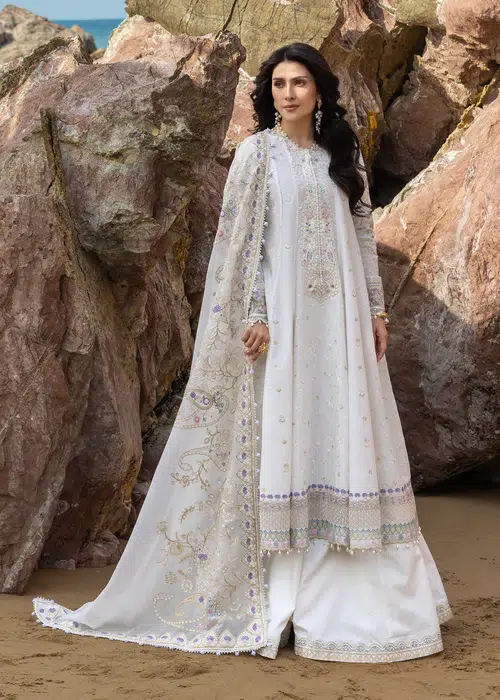 Sadaf Fawad Khan | Siraa Lawn 26 Unstitched Lawn Formal Festive Wear "White" D06 | 3Pcs. - Image 4