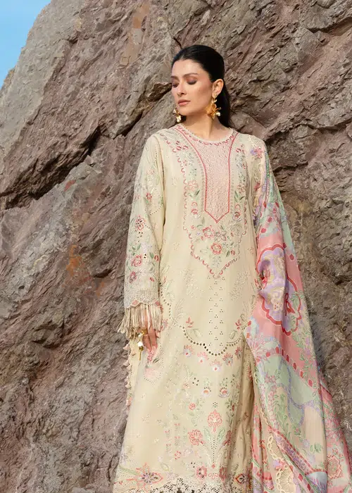Sadaf Fawad Khan | Siraa Lawn 26 Unstitched Lawn Formal Festive Wear "White" D07 | 3Pcs. - Image 2