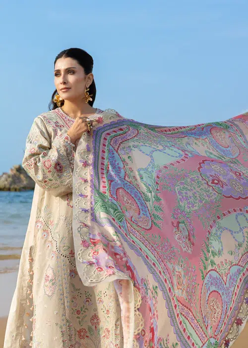 Sadaf Fawad Khan | Siraa Lawn 26 Unstitched Lawn Formal Festive Wear "White" D07 | 3Pcs. - Image 3