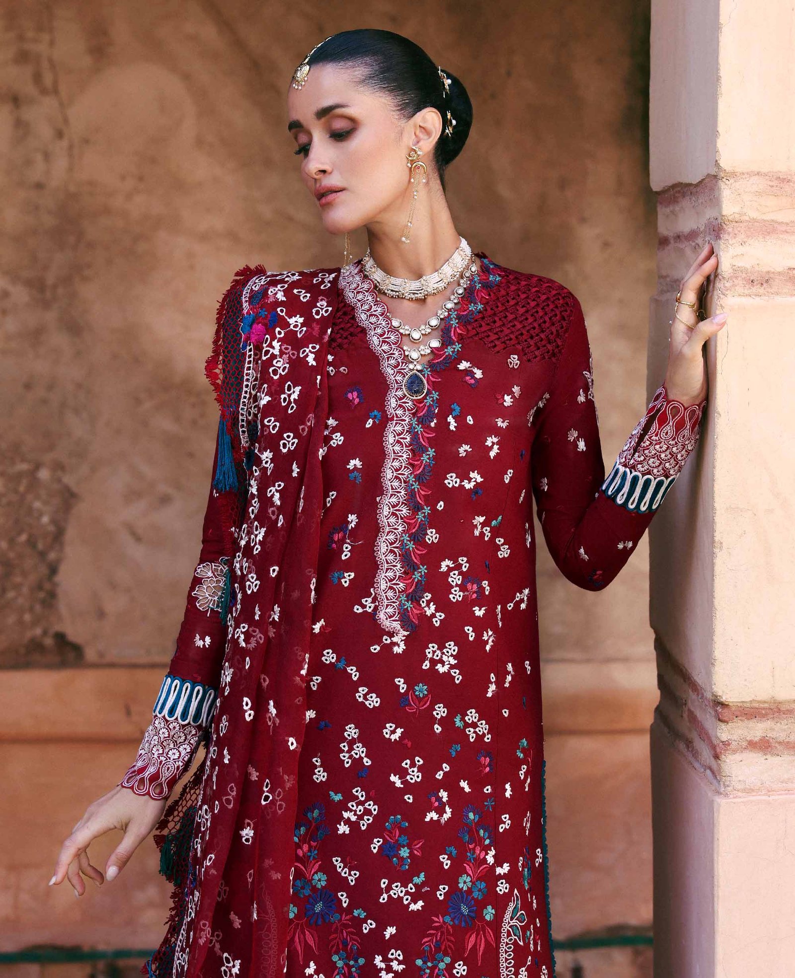 Republic Womens Wear | Reine Luxury Lawn 26 Unstitched Lawn Formal Festive Wear "Red" D7-A | 3Pcs. - Image 2
