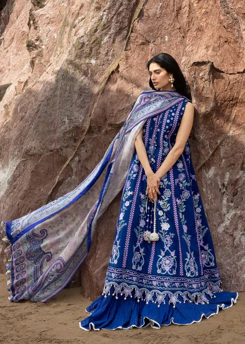 Sadaf Fawad Khan | Siraa Lawn 26 Unstitched Lawn Formal Festive Wear "Blue" D08 | 3Pcs. - Image 2