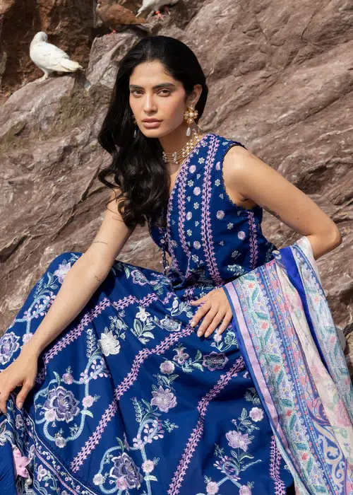 Sadaf Fawad Khan | Siraa Lawn 26 Unstitched Lawn Formal Festive Wear "Blue" D08 | 3Pcs. - Image 3