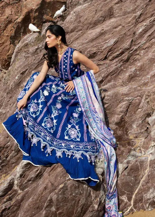 Sadaf Fawad Khan | Siraa Lawn 26 Unstitched Lawn Formal Festive Wear "Blue" D08 | 3Pcs. - Image 4